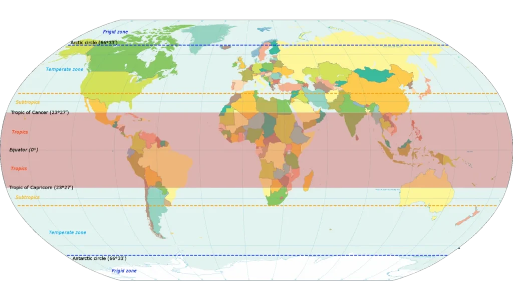 世界の熱帯・亜熱帯地域を色分けした地図