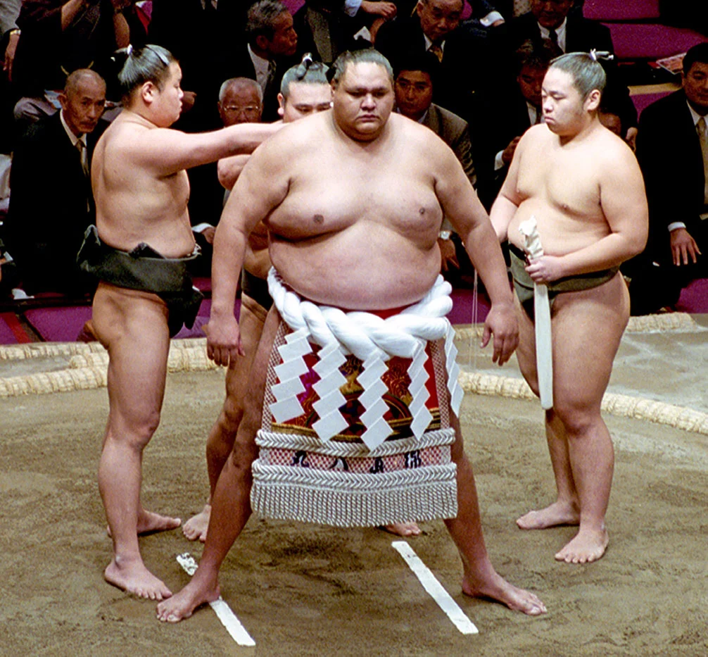 引退相撲で横綱を締める曙太郎の写真