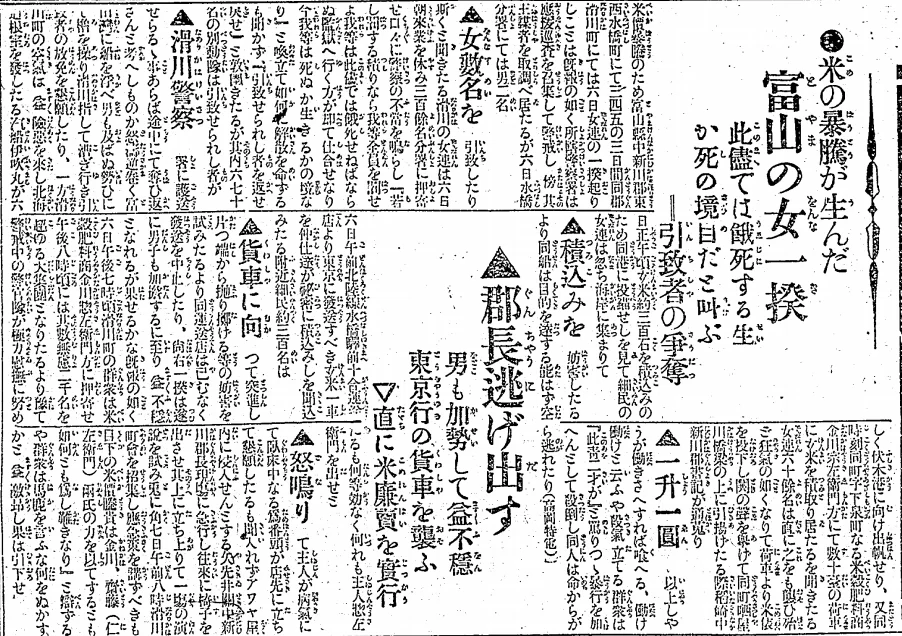 富山県で起きた米騒動を報じる1918年の新聞記事