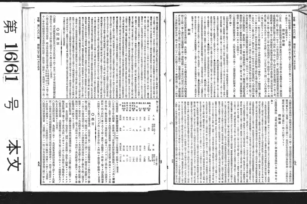学生生徒の活力検査表式を掲載した1889年1月15日付官報の98〜99ページ