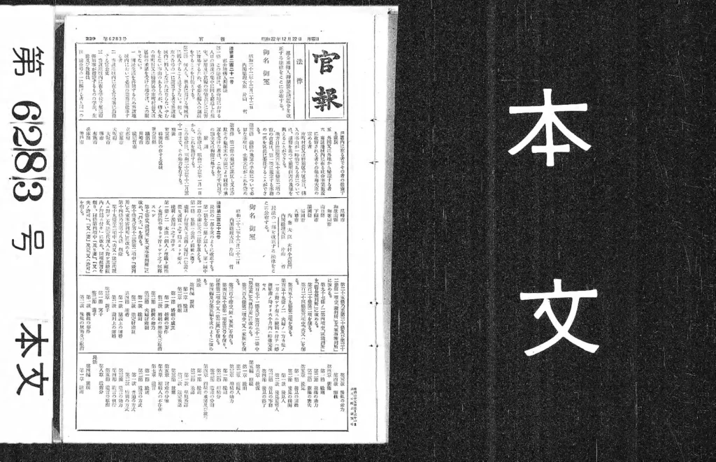 民法の改正法が掲載された1947年12月22日付の官報の紙面