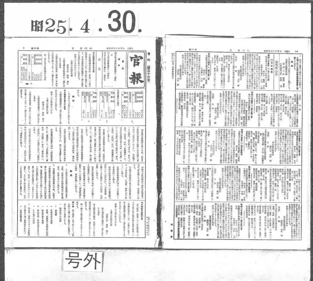 図書館法が掲載された1950年4月30日付官報の紙面