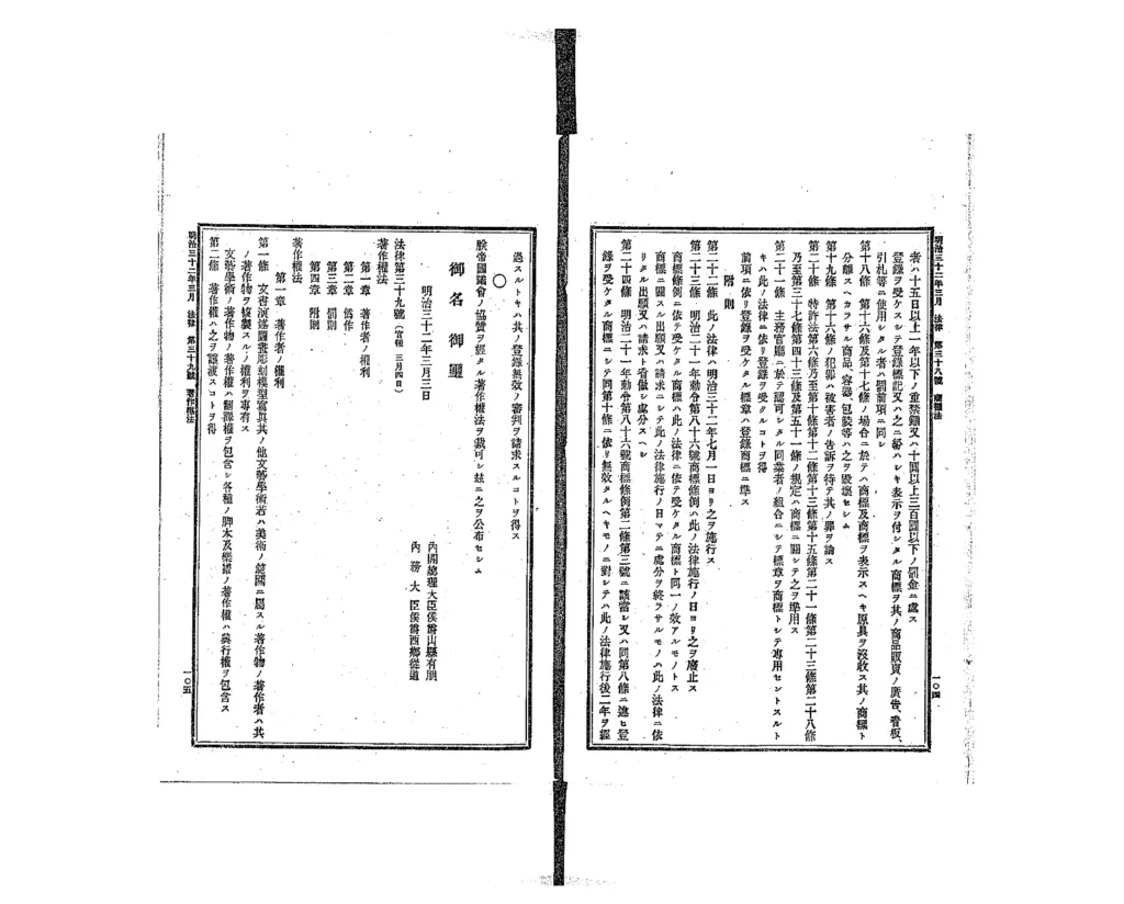 明治32年の旧著作権法を収録した法令全書のページ