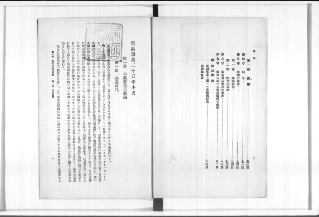 電話事業の史料『電話事業二十五年小史』の紙面