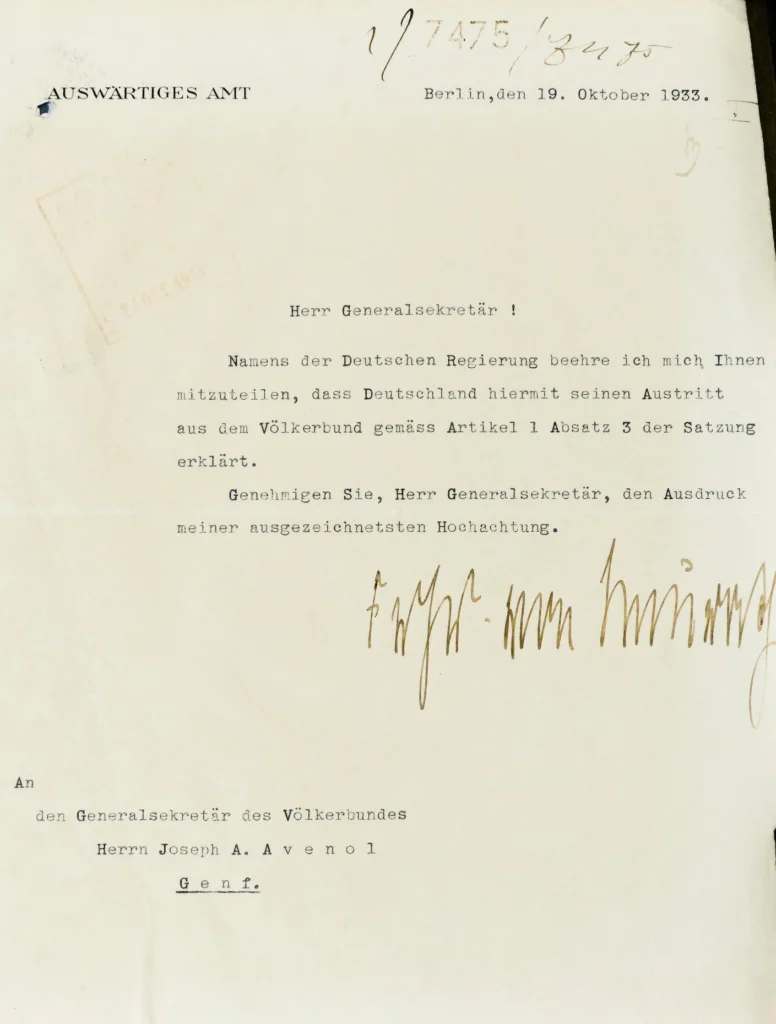 ドイツの国際連盟脱退を通知した1933年10月19日付の書簡