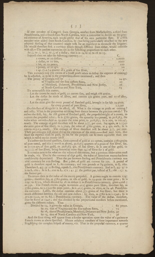 1785年のアメリカ貨幣制度に関する提案書