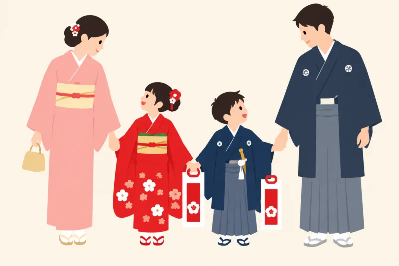 晴れ着姿の家族の風景