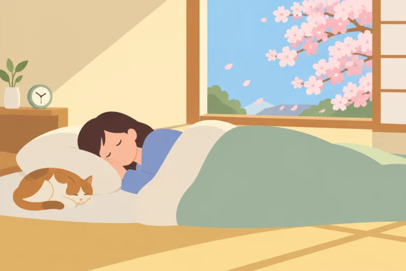 和室で眠る人と猫