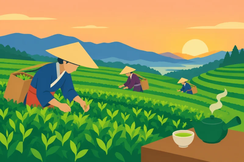 茶畑で茶摘みをする様子
