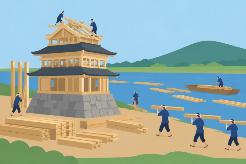 川辺で作業をする人々のイラスト