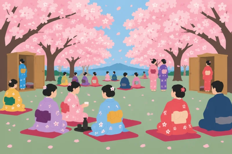 桜の下で花見をする人々のイラスト
