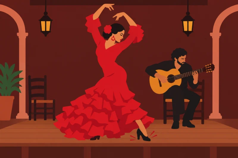 フラメンコを踊るダンサーとギタリスト