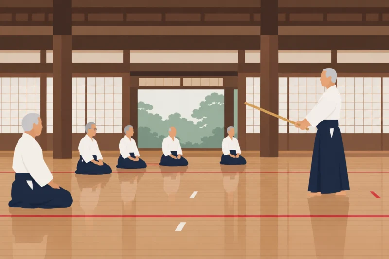道場で指導を見守る剣士たち