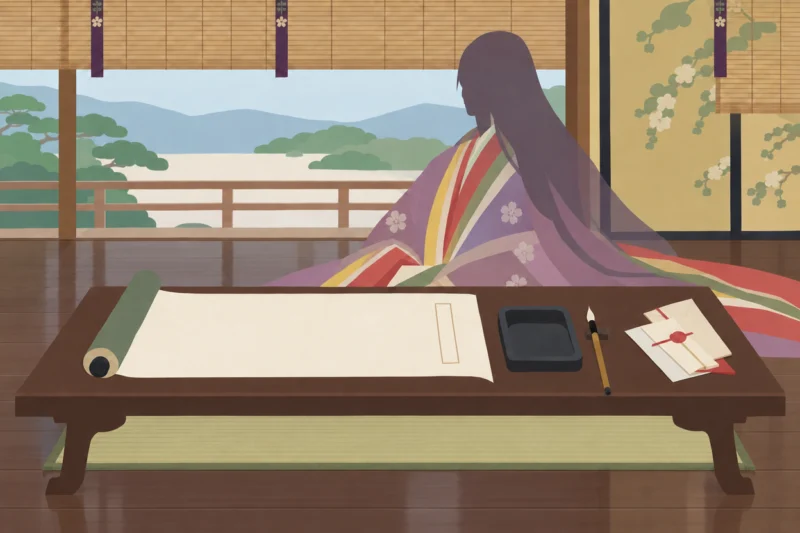 机に向かう平安貴族の女性の姿