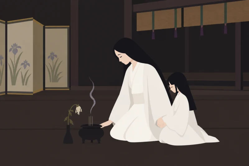 線香の煙が立つ薄暗い室内の情景