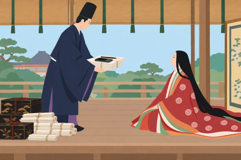 文房具を差し出す人物のいる縁側の情景