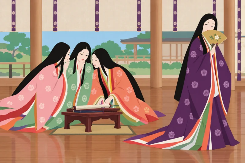 扇で口元を隠す女房たちの情景