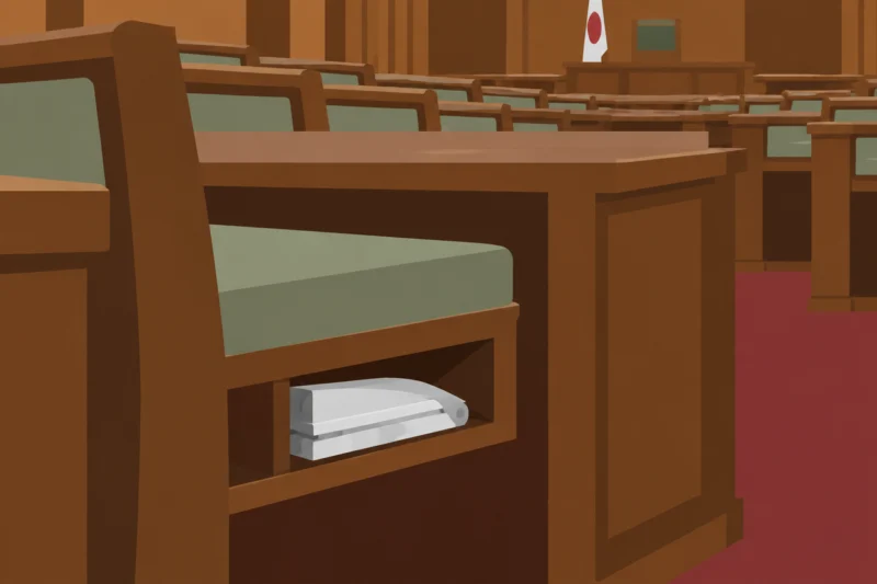 議員席の下に防災帽