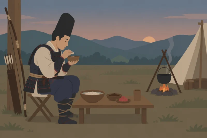 野営地で食事をとる武士