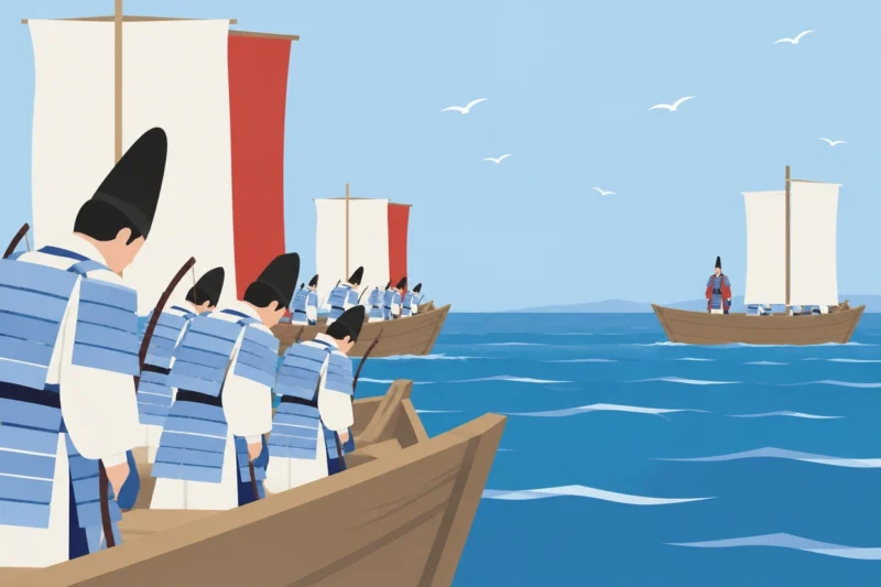 海上に浮かぶ武士たちの船団