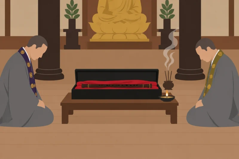 仏堂で箱に納められた笛