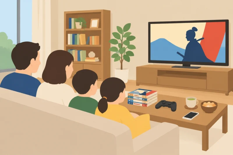 テレビで時代劇を見る家族